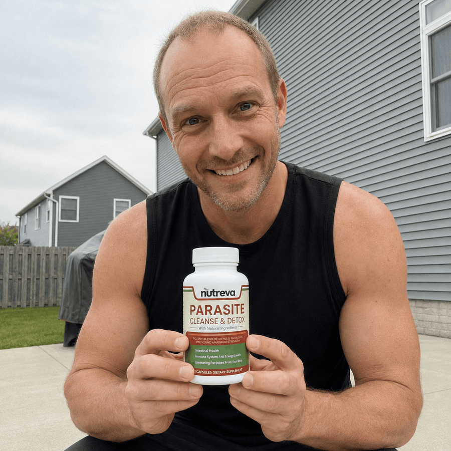Man in a black tank top outside his house holding a Nutreva bottle
