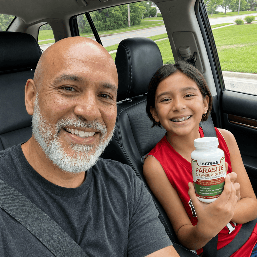 Father and daughter in a car, daughter holding a Nutreva bottle