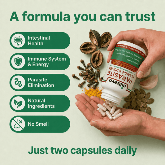 A formula you can trust: hands holding Nutreva bottle and capsules with benefits checklist — Intestinal Health, Immune System & Energy, Parasite Elimination, Natural Ingredients, No Smell. Just two capsules daily